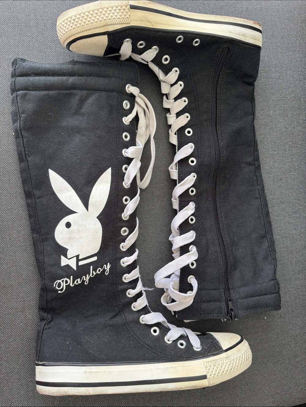 Y2K Playboy Converse Style Knee High Lace Up Boots Logo Graphic Sz 5.5 Punk